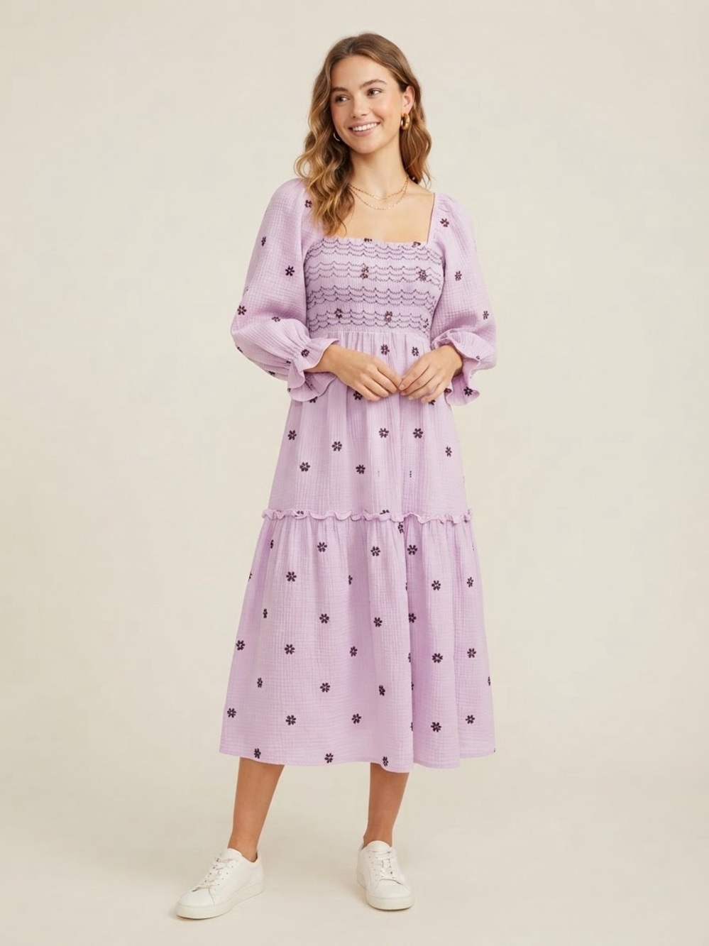 Pink Lily Pink Midi Dress with Dark Mauve Floral Embroidery